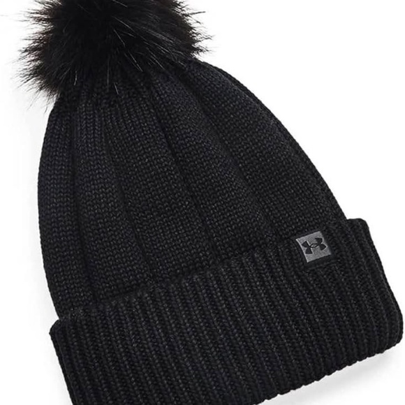 BRAND NEW women under armour coldgear infrared black beanie winter snow pom pom - Picture 2 of 4